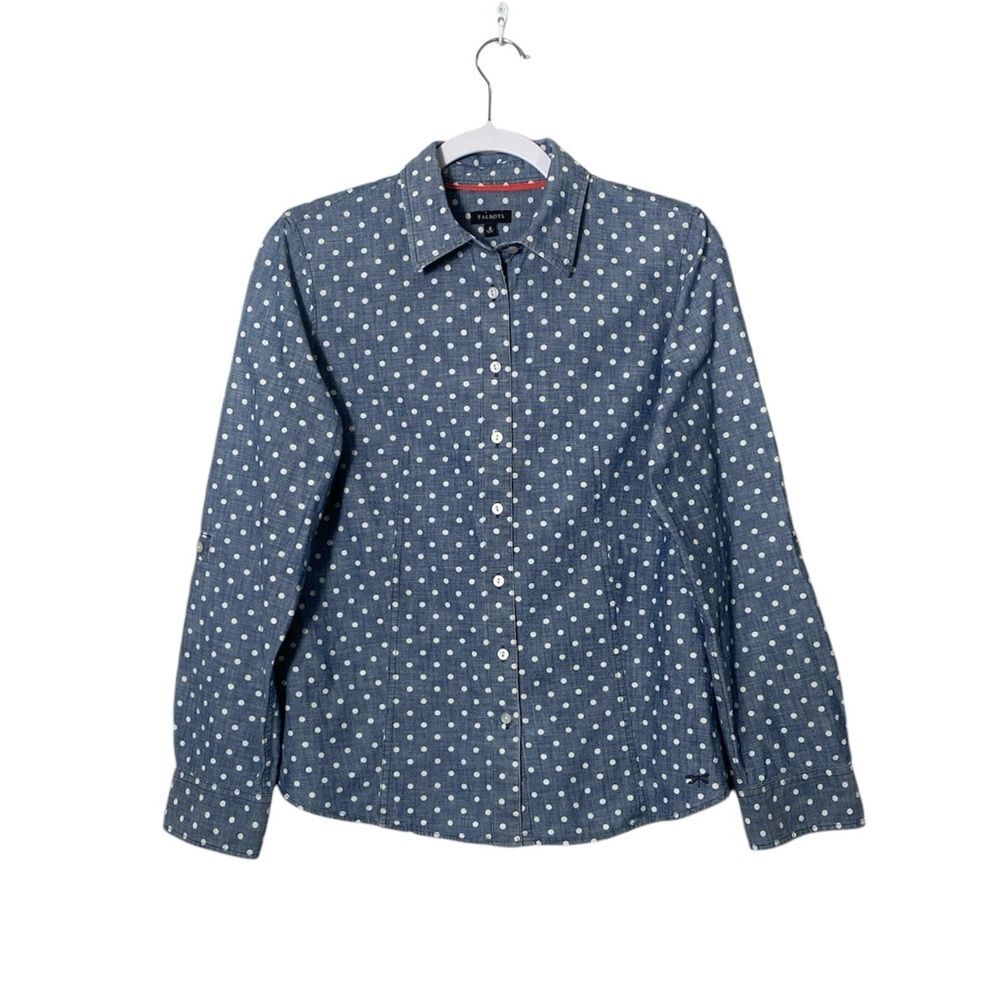 Talbots Blue Chambray White Polka Dot Button Up Top Women's Size 8